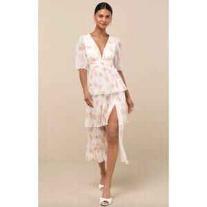 Lulus Jadia Ivory Floral Pleated Tiered Midi Dress Cocktail Party XXL NWT